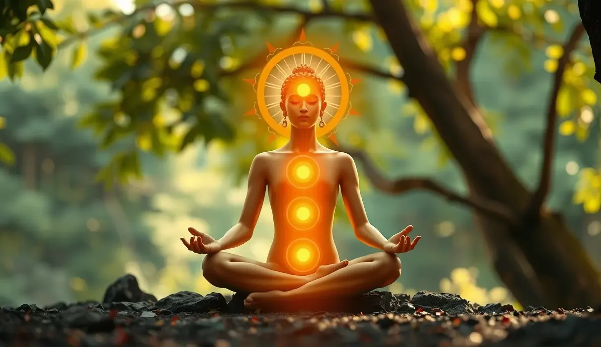 A person is meditating in nature and has activated their chakras and energy centers.