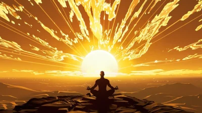 Person meditating at the top of cliff and let the suns energy embolden and strengthen his Solar Plexus Chakra